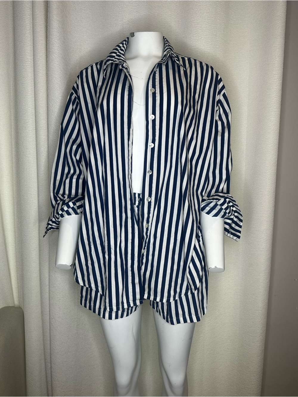 Navy & White Vertical Stripe Button-Up Shirt and Short set